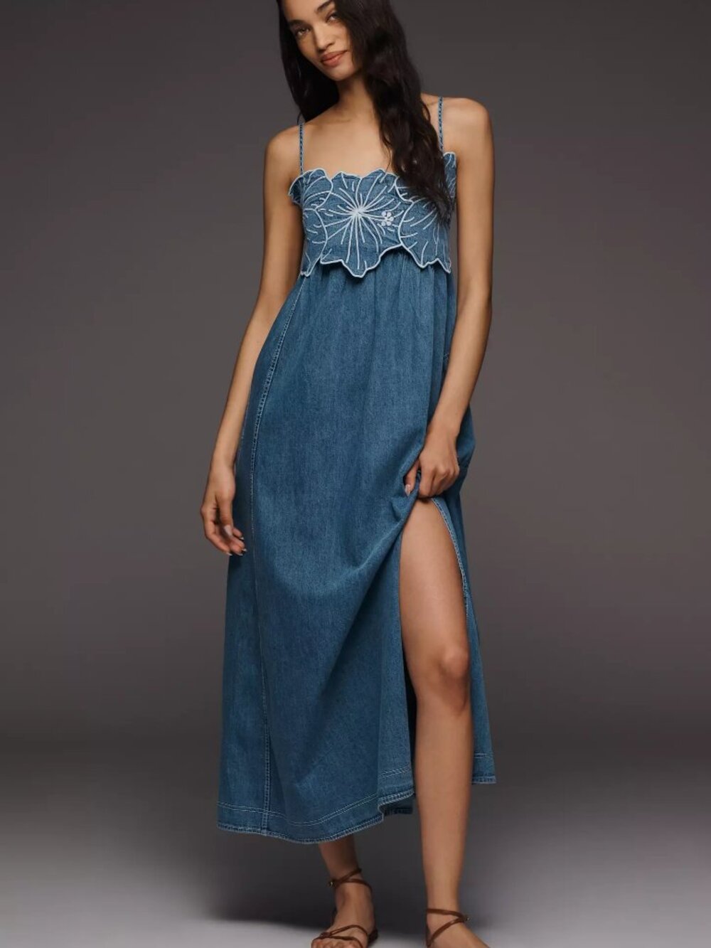 Anthropologie Denim Blue Maxi Dress with Scalloped Floral Bodice